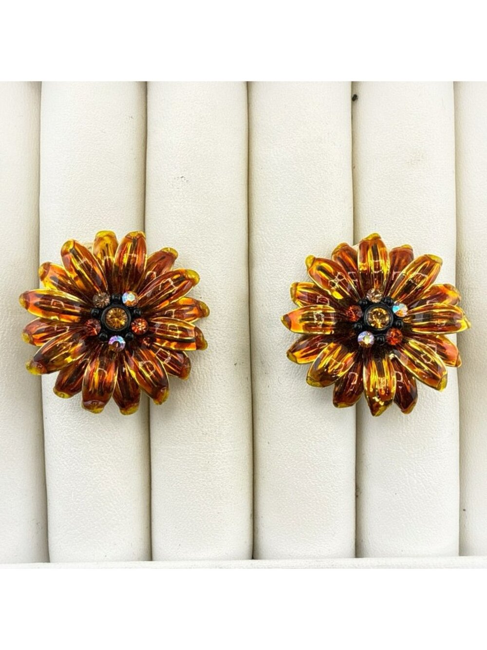 Vintage Joan Rivers Earrings Flower Floral Orange Red Clip On Enamel Rhinestone